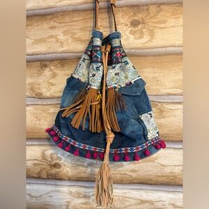 Bohemian Denim and Tan Fringe Backpack